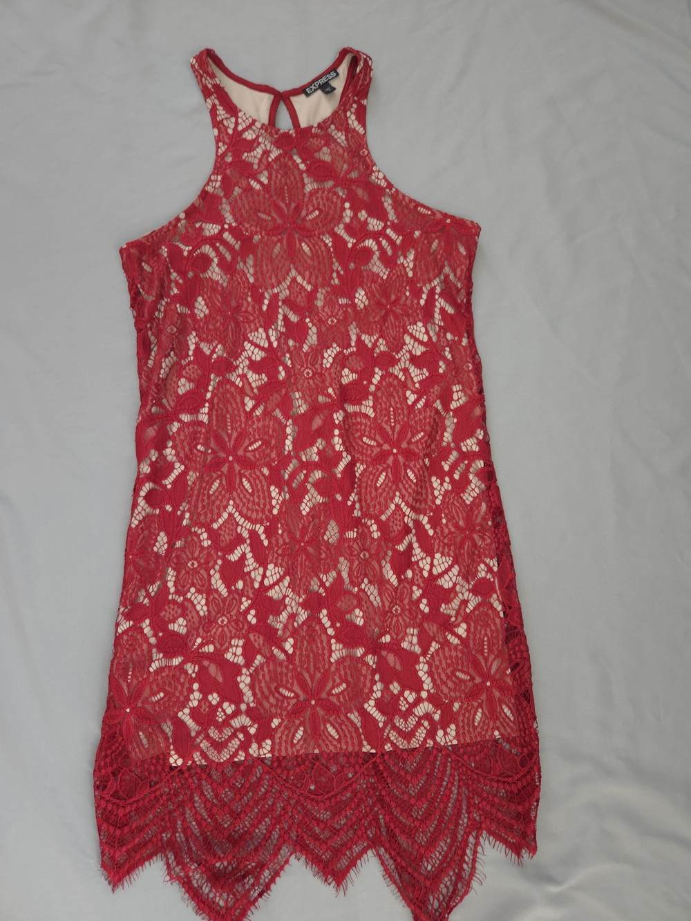 Express Women’s Red Floral Lace Halter Mini Dress Nude Lining Scalloped Hem S/P